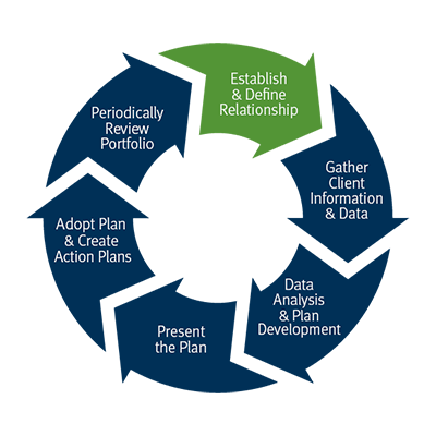 Our process wheel: Establish and define relationship, Gather client information and data, Data Analysis and plan development, Present the plan, Adopt plan and create action plans, Monitor the plan